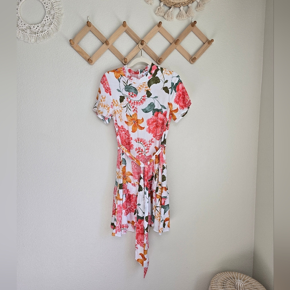 Petal & Pup Floral Ruffle Short-Sleeve Knee-Length Dress Womens Small EUC